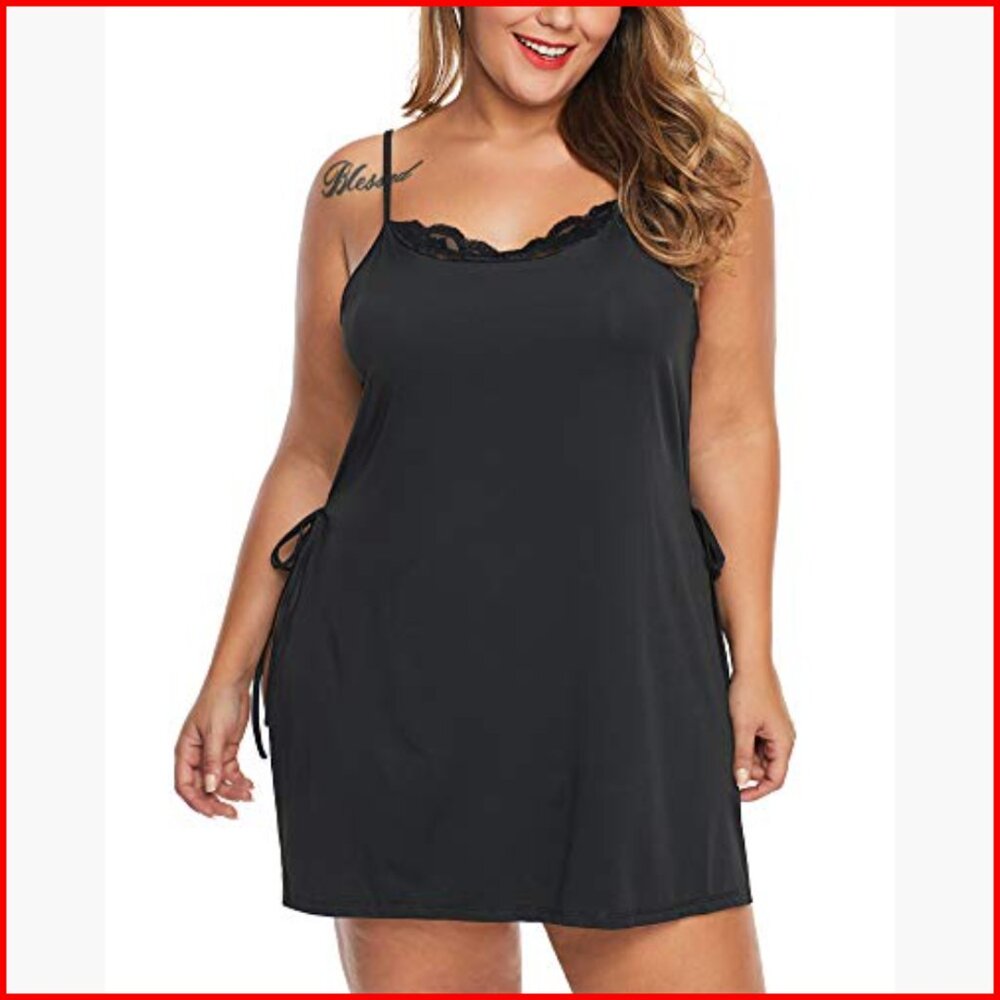 Plus Size Lace Babydoll Chemise with Side Slit Adjustable Straps - Picture 4 of 7